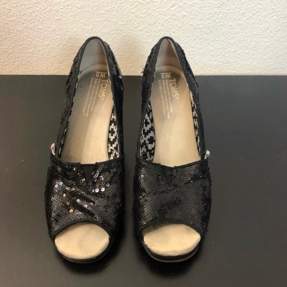 Toms Black Sequin Wedges